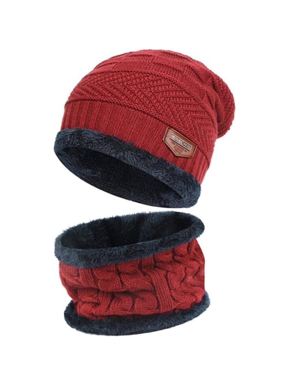🆕 Men Red Fleece Lined Winter Cap Beanie Scarf Set Knit Neck Warmer Nice Hat